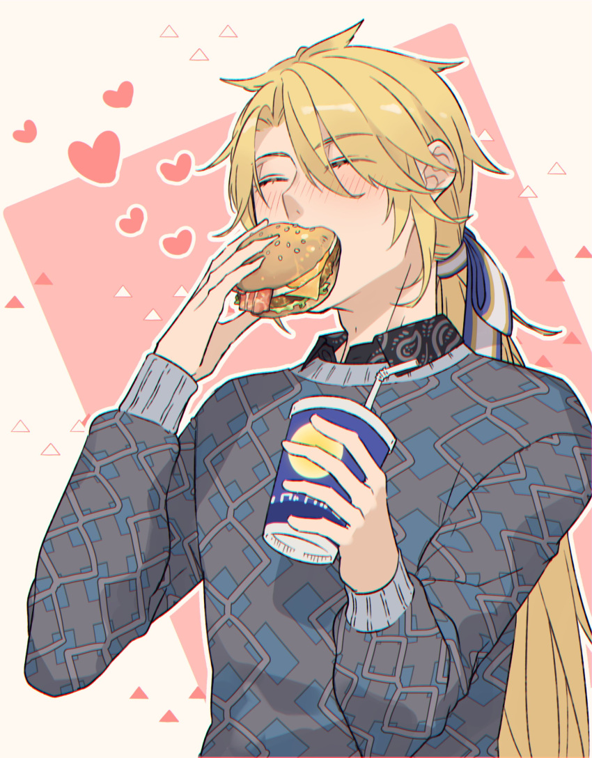 1boy ^_^ absurdres aglovale_(granblue_fantasy) bacon black_shirt blonde_hair blush burger closed_eyes collared_shirt contemporary cup curtained_hair disposable_cup drinking_straw eating food granblue_fantasy grey_sweater hair_ribbon happy heart highres holding holding_cup holding_food long_hair low_ponytail male_focus outline patterned_clothing pink_background ribbon shirt solo sweater tokikane_mikan two-tone_background upper_body white_background white_outline