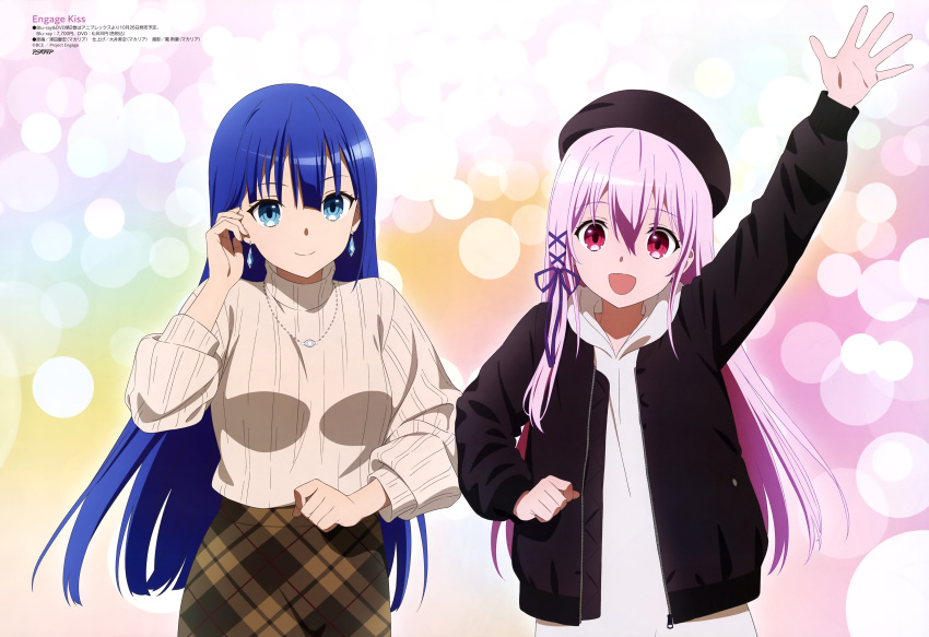 absurdres arm_up artist_request bangs black_jacket blue_eyes blue_hair closed_mouth earrings engage_kiss highres hood hoodie jacket jewelry kisara_(engage_kiss) magazine_scan necklace official_art open_clothes open_jacket open_mouth pink_hair red_eyes scan smile sweater third-party_source white_hoodie yuugiri_ayano