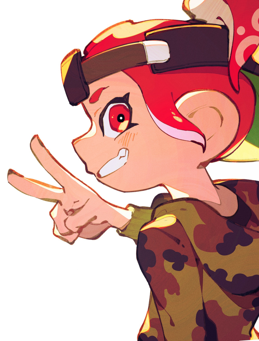 1girl absurdres backwards_hat camouflage grin hat high_ponytail highres hood hood_down inari1369 long_sleeves octarian octoling octoling_girl ponytail red_eyes redhead short_hair simple_background smile solo splatoon_(series) teeth tentacle_hair upper_body v visor_cap white_background