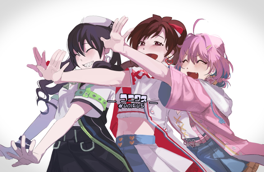 #unicus_(idolmaster) 3girls ^_^ ^o^ ahoge antenna_hair blush closed_eyes crop_top grin highres idolmaster idolmaster_cinderella_girls idolmaster_cinderella_girls_starlight_stage iq230230 looking_at_viewer multicolored_hair multiple_girls navel outstretched_arms pose sharp_teeth short_sleeves simple_background smile sunazuka_akira suspenders teeth tsujino_akari twintails two-tone_hair wavy_hair white_background yumemi_riamu