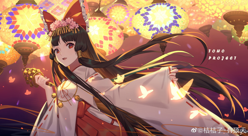 1girl absurdres bell bow brown_hair bug butterfly cherry_blossoms chinese_commentary commentary_request copyright_name floating_hair flower frilled_bow frills grey_pupils hair_bow hair_flower hair_ornament hair_tubes hakama hakurei_reimu highres holding japanese_clothes jingle_bell kagura_suzu kimono lantern long_hair long_sleeves looking_at_viewer miko open_mouth paper_lantern pink_flower red_bow red_eyes red_hakama ribbon-trimmed_sleeves ribbon_trim sidelocks solo tongue touhou upper_body very_long_hair weibo_logo weibo_username white_kimono wide_sleeves xtears_kitsune