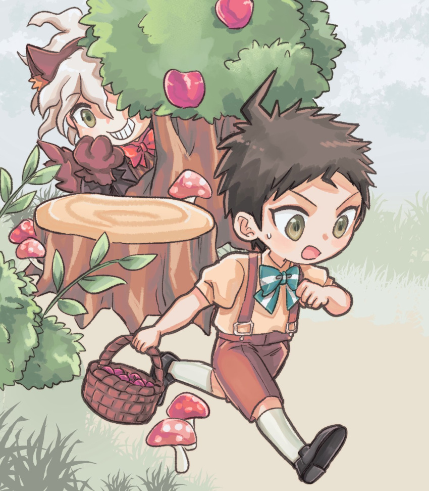 2boys ahoge animal_ears bangs basket black_footwear black_jacket bow bowtie brown_eyes brown_pants brown_shirt chibi collared_shirt danganronpa_(series) danganronpa_2:_goodbye_despair fake_animal_ears fake_tail green_bow green_bowtie grin hiding highres hinata_hajime jacket komaeda_nagito male_focus messy_hair midori_(310ri_21) multiple_boys mushroom open_clothes open_jacket open_mouth pants red_bow red_bowtie shiny shiny_hair shirt short_hair smile suspenders sweatdrop tail teeth tree tree_stump wolf_ears wolf_tail