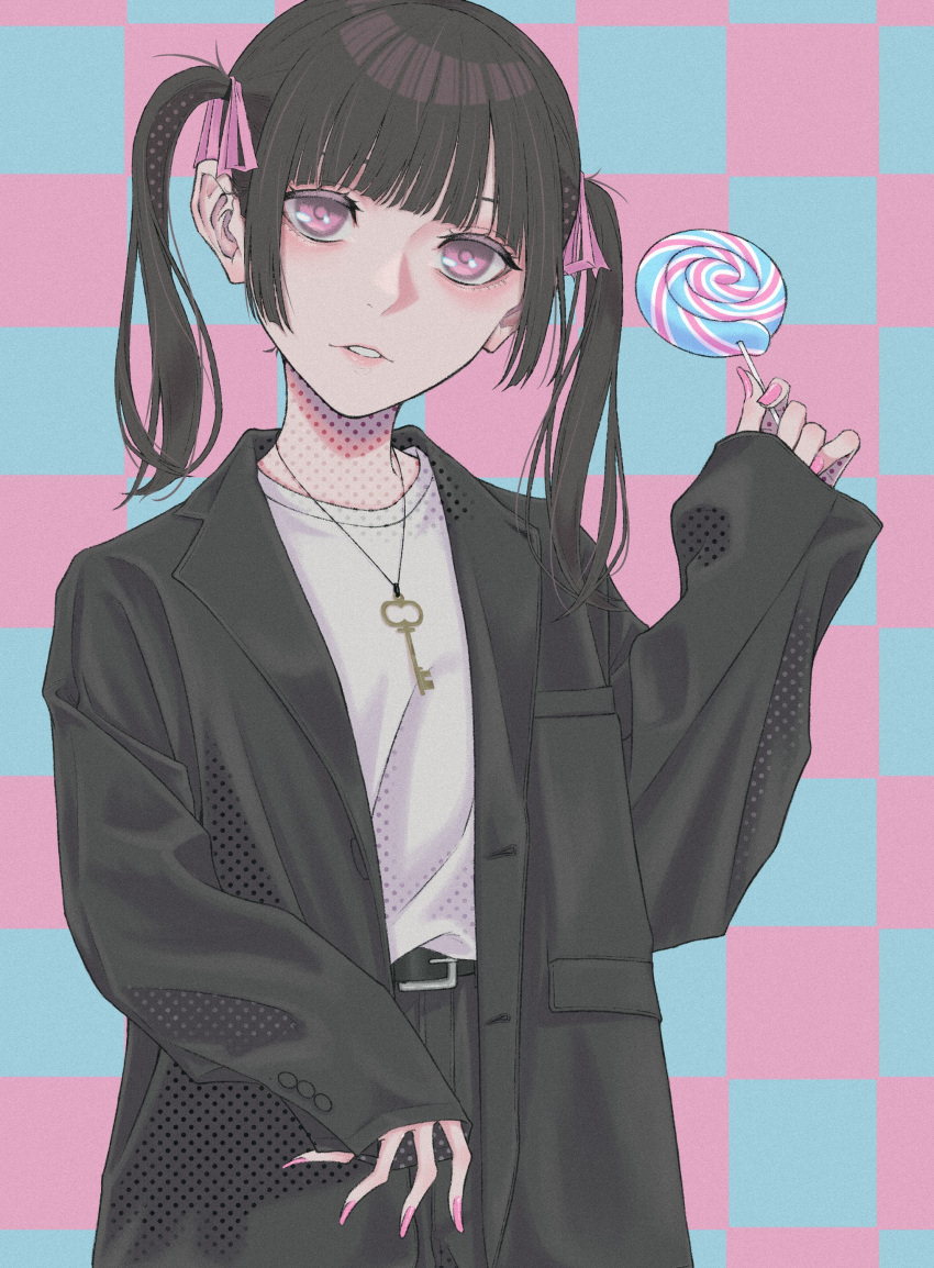 1girl absurdres bangs belt black_coat black_hair candy checkered_background coat food highres holding holding_candy holding_food holding_lollipop key lollipop long_sleeves looking_at_viewer original parted_lips pink_eyes pink_nails pink_ribbon ribbon shirt short_twintails solo standing twintails white_shirt zudxpnz