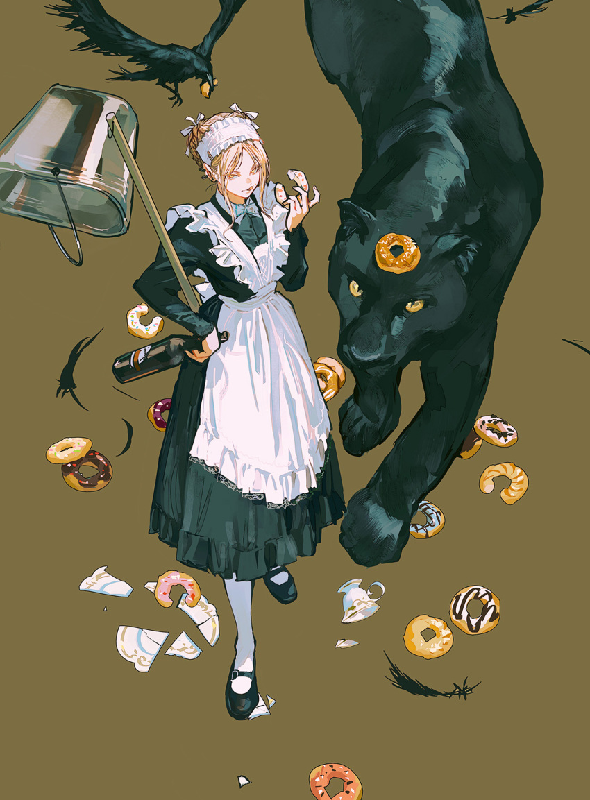 1girl animal apron beak_hold bird black_panther blonde_hair bottle braid broken_plate broom brown_background bucket collared_dress crow cup doughnut dress earrings feathers food food_on_face food_on_head from_above guideau hand_on_hip highres holding holding_bottle holding_food huangdanlan jewelry lace-trimmed_apron lace_trim licking_lips long_hair long_sleeves looking_at_viewer maid maid_apron maid_headdress majo_to_yajuu mary_janes messy object_on_head pantyhose plate shards shoes simple_background standing teacup tongue tongue_out updo white_apron white_pantyhose yellow_eyes