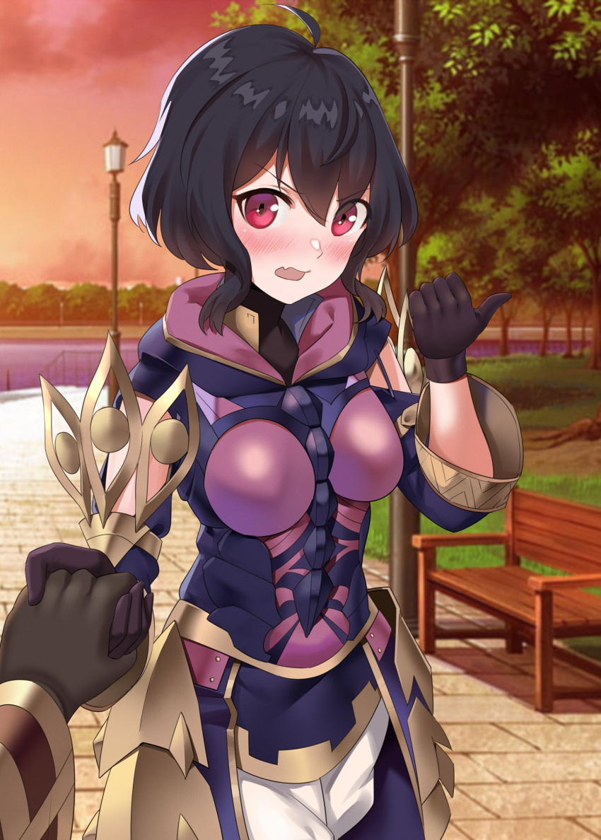 1girl 1other absurdres adapted_costume armor armored_dress bench black_gloves black_hair blush breasts commission cowboy_shot fire_emblem fire_emblem_awakening fire_emblem_heroes full-face_blush gloves highres igni_tion kiran_(fire_emblem) lamppost long_sleeves medium_breasts morgan_(fire_emblem) morgan_(fire_emblem)_(female) official_alternate_costume outdoors pants park park_bench red_eyes robe short_hair solo_focus tree white_pants