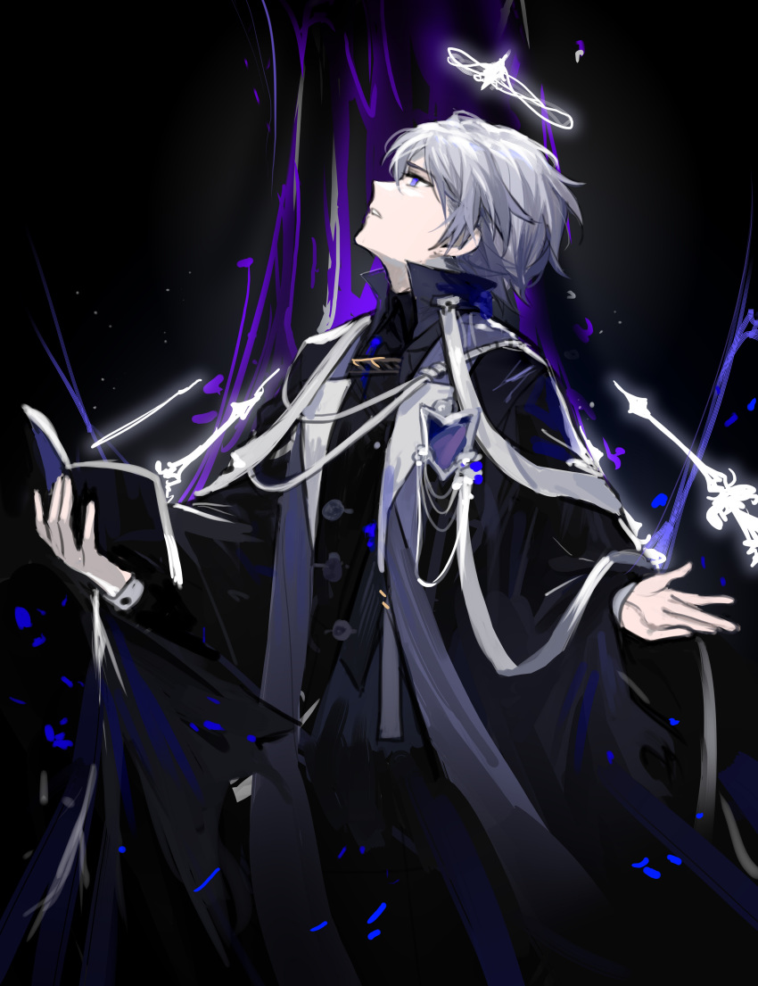 1boy absurdres andoain_(arknights) angel arknights bishounen black_background book buzhangyezideshu collared_shirt cowboy_shot halo highres holding holding_book looking_up male_focus shirt short_hair simple_background solo violet_eyes white_hair wings