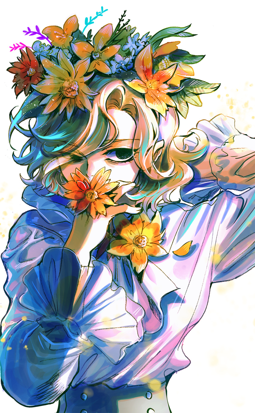 1boy 302 bags_under_eyes blonde_hair covered_mouth covering_mouth dungeon_meshi elf eyes_visible_through_hair flower hair_flower hair_ornament hair_over_one_eye hand_in_own_hair hand_over_own_mouth hands_up head_wreath highres long_sleeves looking_at_viewer male_focus mithrun notched_ear petals pointy_ears red_flower shirt short_hair solo uneven_eyes upper_body white_background white_flower white_shirt yellow_flower