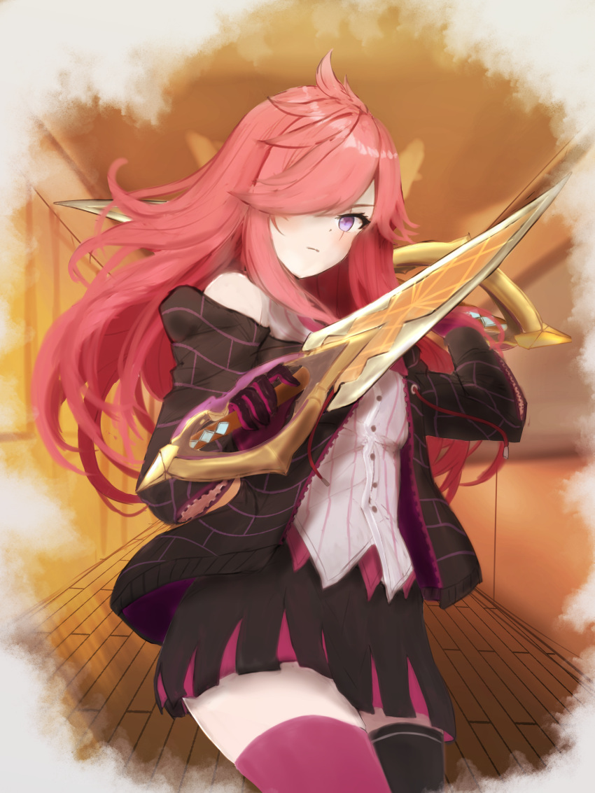 1girl absurdres bangs battle_academia_katarina black_jacket black_skirt closed_mouth dress_shirt hair_over_one_eye highres holding holding_weapon jacket katarina_(league_of_legends) league_of_legends long_hair npesi off_shoulder open_clothes open_jacket pink_eyes red_thighhighs redhead shiny shiny_hair shirt skirt solo thigh-highs weapon white_shirt wooden_floor
