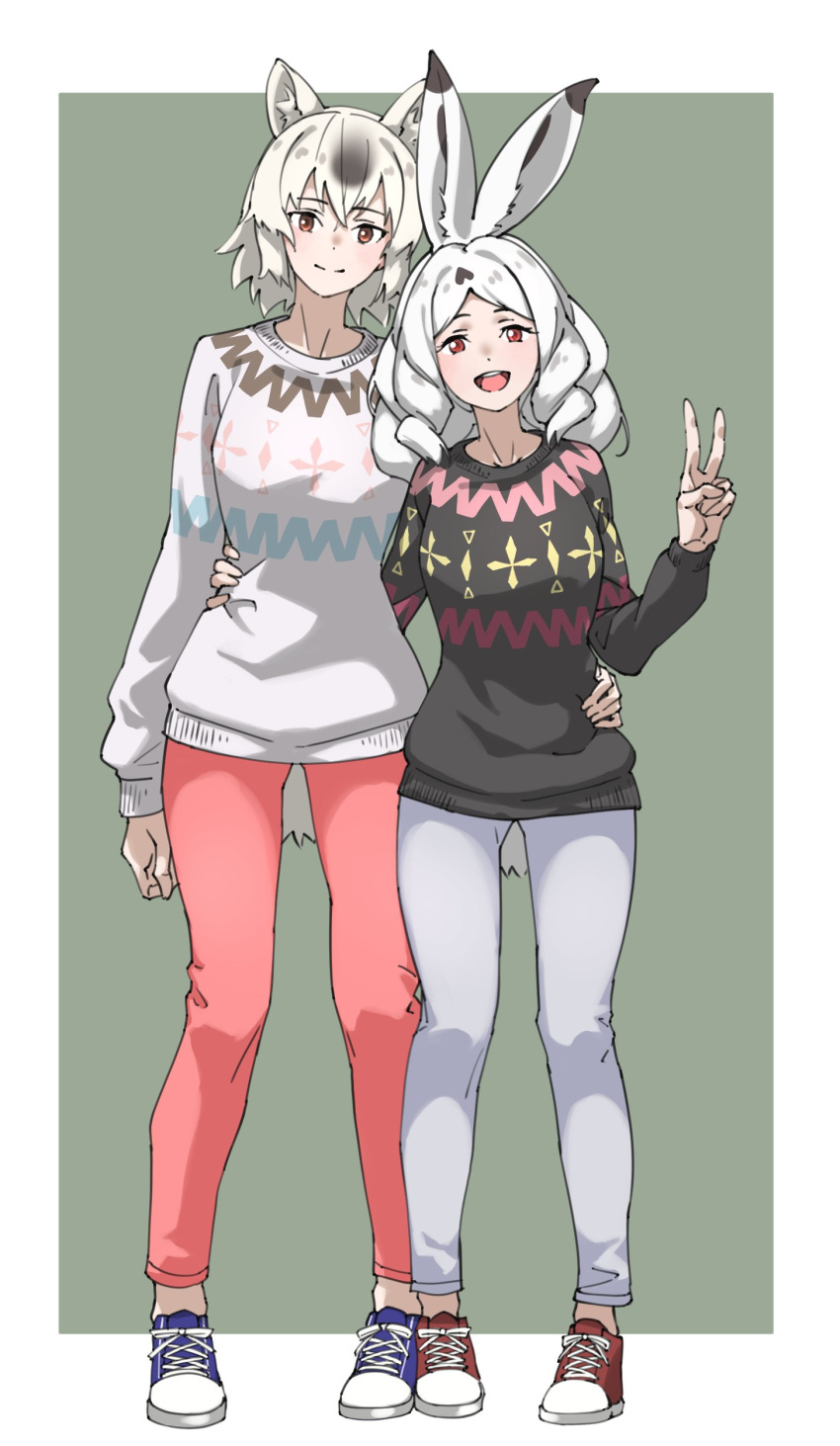 2girls :d absurdres animal_ear_fluff animal_ears arctic_hare_(kemono_friends) arm_at_side brown_eyes character_request commentary full_body grey_pants hand_on_another's_waist highres kemono_friends long_hair long_sleeves looking_at_viewer multiple_girls open_mouth pants pink_pants rabbit_ears rabbit_girl red_eyes shoes short_hair simple_background smile sneakers split_mouth standing sweater tail tanabe_(fueisei) v white_hair