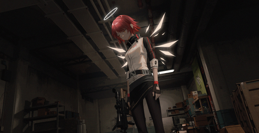 1girl absurdres arknights black_pantyhose black_skirt box cardboard_box closed_mouth detached_wings energy_wings expressionless exusiai_(arknights) fingerless_gloves gloves gun halo highres holding holding_gun holding_weapon homutan_(syjg2733) id_card indoors jacket kriss_vector looking_down orange_eyes pantyhose penguin_logistics_logo redhead shelf short_hair skirt sniper_scope solo standing submachine_gun weapon white_jacket wings