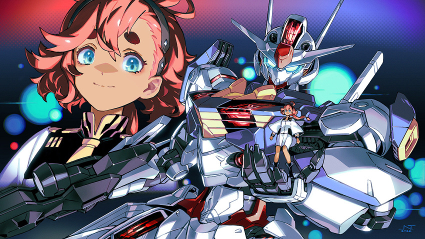 1girl artist_name black_hairband blue_eyes end_card full_body glowing glowing_eyes gun gundam gundam_aerial gundam_suisei_no_majo hairband holding holding_gun holding_weapon jnt low_ponytail mecha mobile_suit official_art projected_inset redhead robot smile solo suletta_mercury thick_eyebrows watermark weapon
