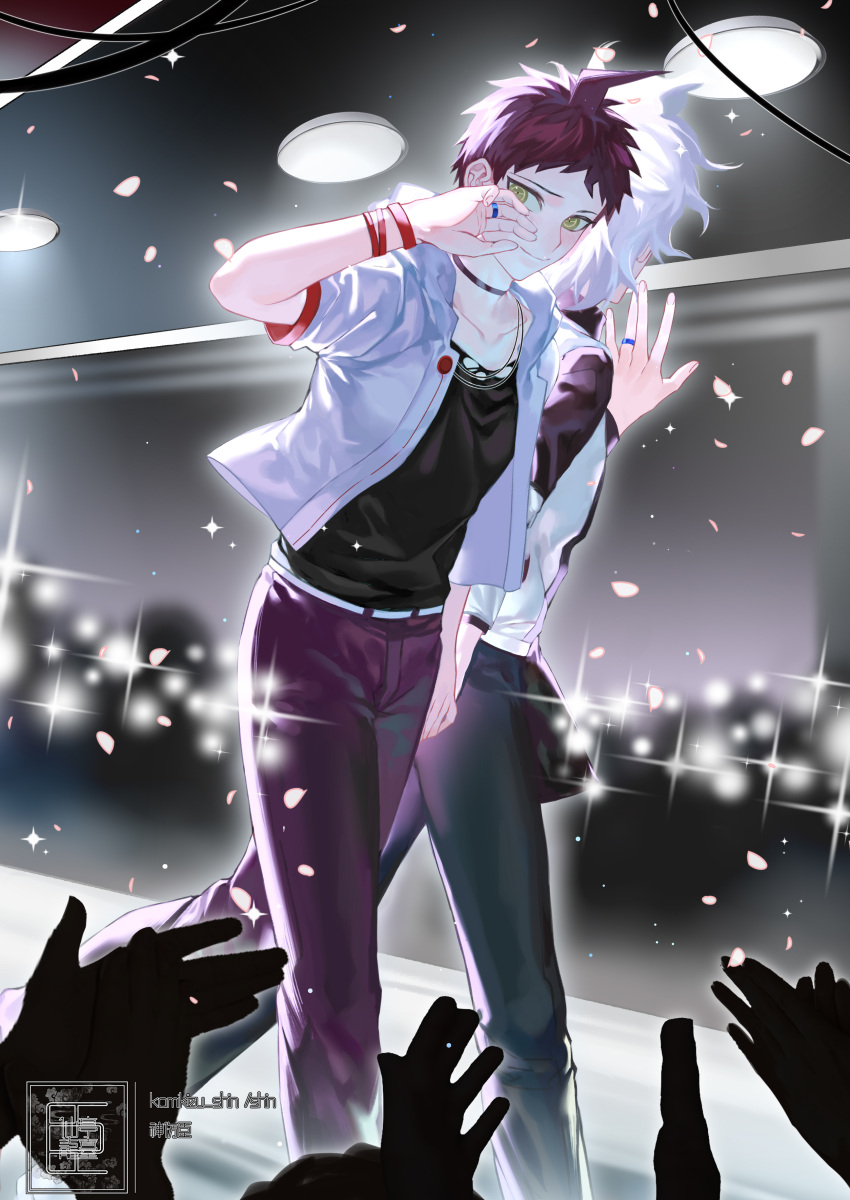 2boys absurdres ahoge alternate_costume bangs belt black_choker black_shirt blurry blurry_background bracelet brown_eyes choker collarbone danganronpa_(series) danganronpa_2:_goodbye_despair grey_belt grey_jacket hand_up highres hinata_hajime holding_hands jacket jewelry komaeda_nagito male_focus multiple_boys open_clothes open_jacket pants red_pants redhead ring shirt short_sleeves smile tuteurfars_shin white_hair white_shirt