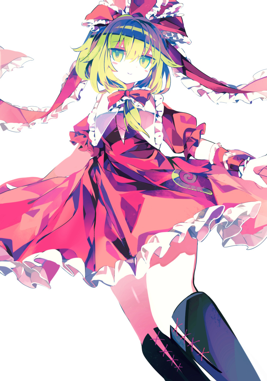 1girl bangs black_footwear boots closed_mouth commentary dress feet_out_of_frame frilled_dress frilled_ribbon frills green_eyes green_hair hair_between_eyes hair_ribbon highres kagiyama_hina long_hair looking_at_viewer meto_(metrin) puffy_short_sleeves puffy_sleeves red_dress red_ribbon ribbon short_sleeves simple_background smile solo symbol-only_commentary touhou white_background wrist_cuffs