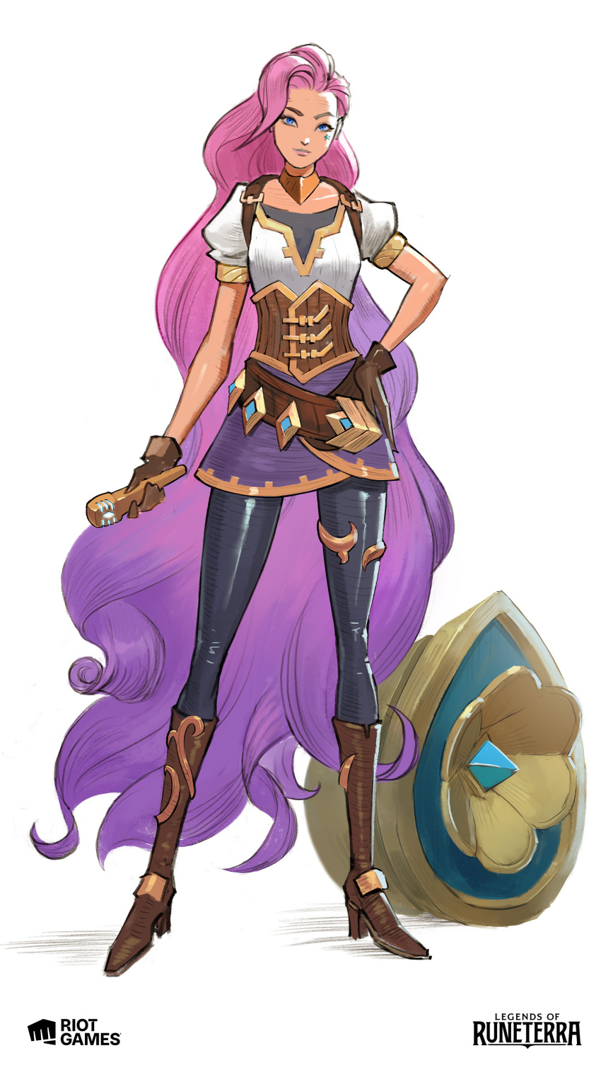 1girl absurdres bangs black_pants boots brown_footwear brown_gloves corset den_(denwhat) full_body gloves hand_on_hip high_heel_boots high_heels highres holding knee_boots league_of_legends legends_of_runeterra long_hair multicolored_hair pants pink_hair puffy_short_sleeves puffy_sleeves seraphine_(league_of_legends) shiny shiny_clothes shirt short_sleeves simple_background skirt solo standing two-tone_hair white_background white_shirt