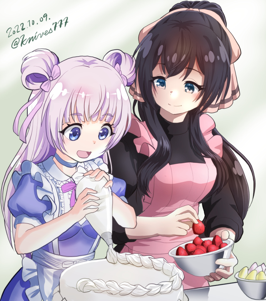 2girls :d apron aqua_eyes assault_lily bangs black_hair black_shirt blue_choker blue_dress blue_eyes bow bowl breasts brown_bow cake choker closed_mouth commentary_request cooking dated double_bun dress food frilled_dress frills fruit gradient gradient_background green_background hair_bow hair_bun hands_up high_ponytail highres holding holding_bowl holding_food holding_fruit icing knives_(knives777) long_hair long_sleeves looking_at_food looking_down medium_breasts multiple_girls neck_ribbon official_alternate_costume open_mouth pastry_bag pink_apron pink_bow pink_hair pink_ribbon ponytail puffy_short_sleeves puffy_sleeves ribbon serizawa_chikaru shirt short_sleeves side-by-side sidelocks smile standing strawberry table tanba_akari twitter_username upper_body waist_apron white_background