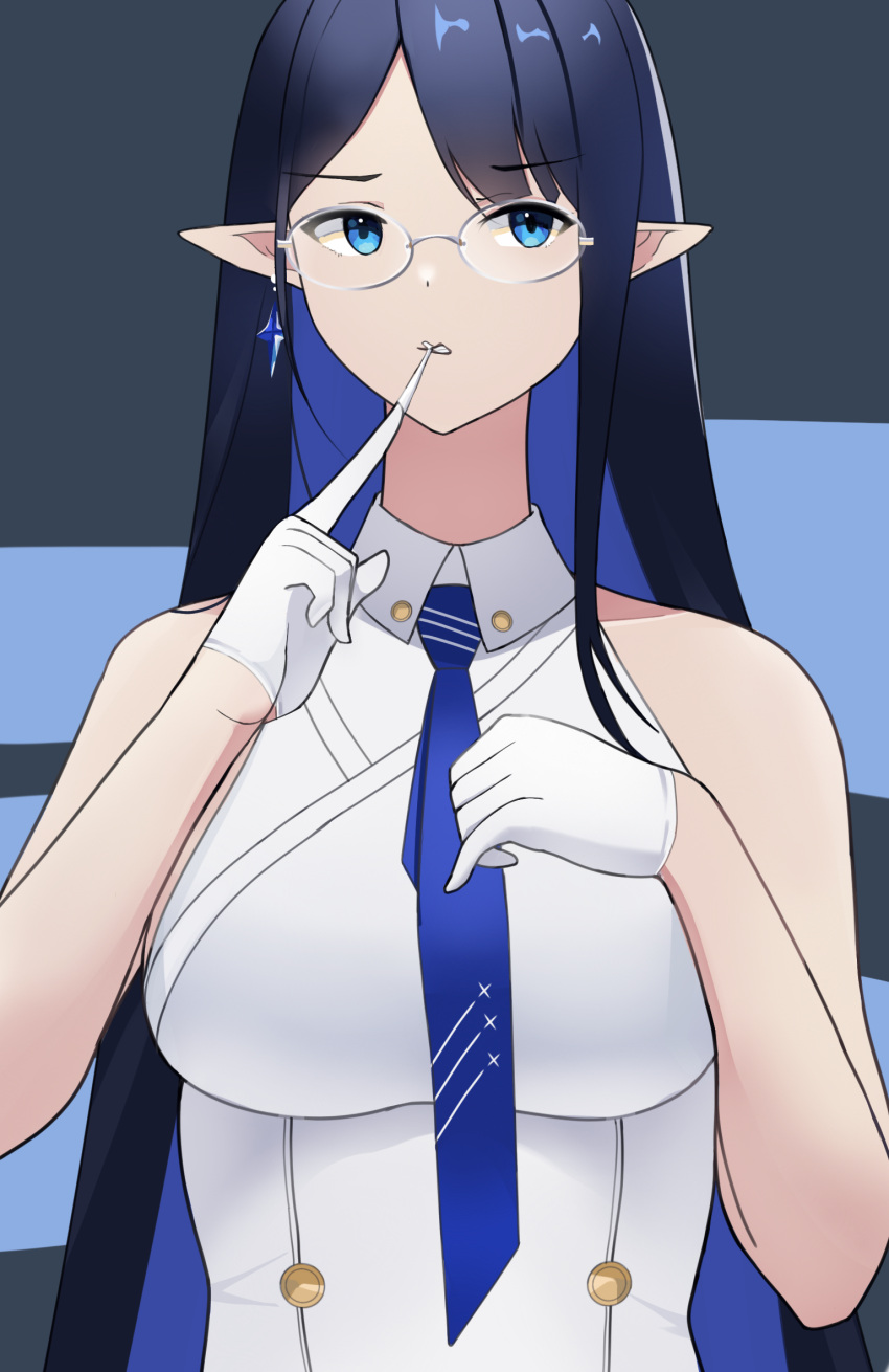 1girl bangs biting black_hair blue_archive blue_eyes blue_hair blue_necktie breasts collared_dress colored_inner_hair dress earrings expressionless glasses glove_biting gloves highres jewelry large_breasts long_hair looking_at_viewer multicolored_hair nana24 necktie pointy_ears rin_(blue_archive) sidelocks solo upper_body white_gloves