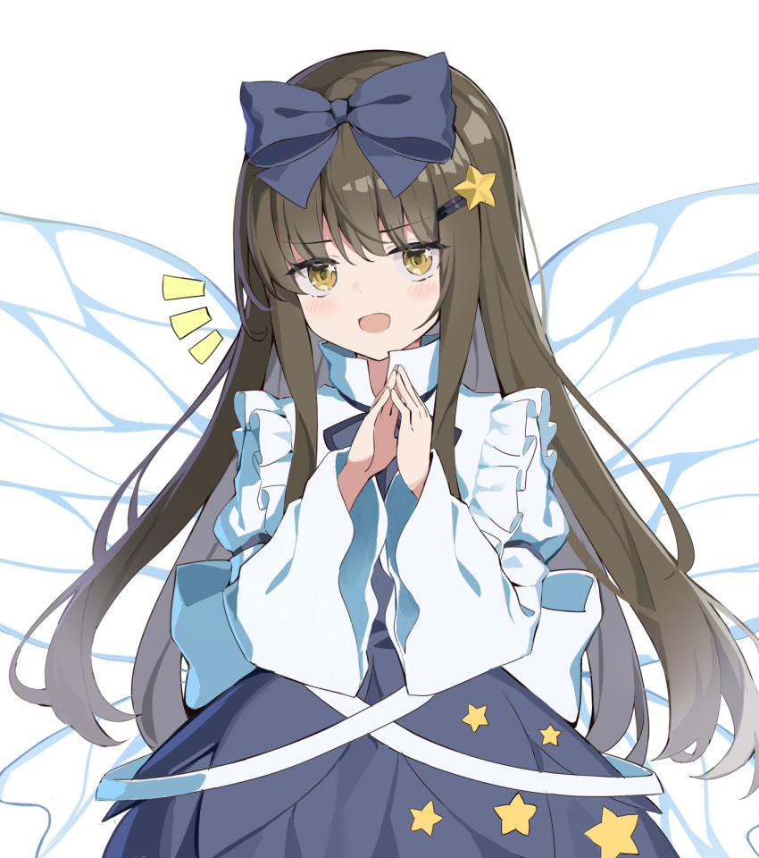 1girl blue_bow blue_dress blush bow brown_eyes brown_hair chinese_commentary crm dress fairy fairy_wings hair_bow highres long_hair long_sleeves open_mouth simple_background smile solo star_sapphire touhou upper_body white_background wide_sleeves wings