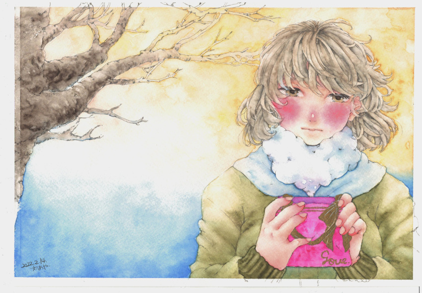 1girl bare_tree blush box breasts brown_eyes brown_hair dated gift gift_box hair_between_eyes highres holding holding_gift long_sleeves looking_at_viewer medium_hair original outdoors painting_(medium) scarf shin1ar24 small_breasts solo traditional_media tree upper_body watercolor_(medium) winter