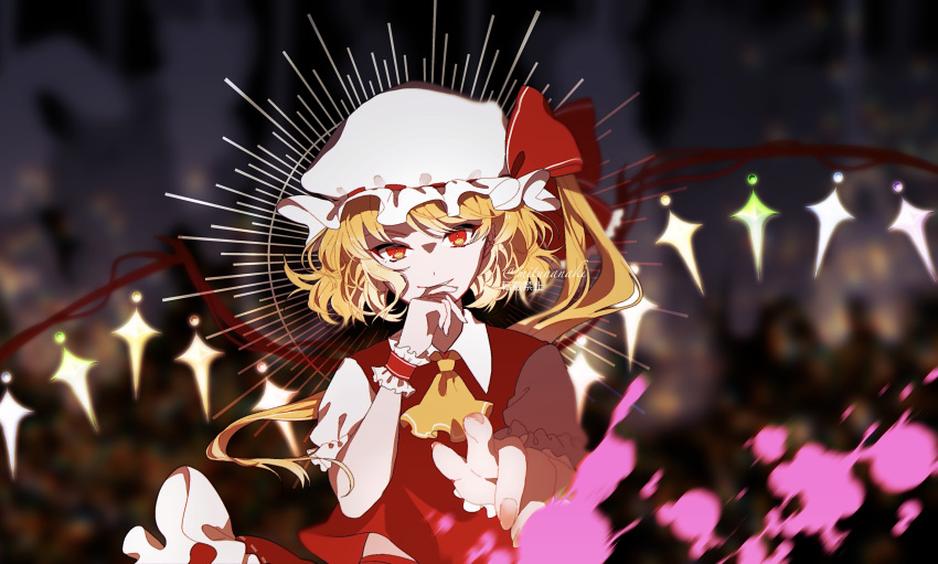 1girl absurdres ascot blonde_hair collared_shirt commentary crystal emphasis_lines fingernails flandre_scarlet foreshortening hand_to_own_mouth hand_up hat hat_ribbon highres long_hair mitunanaki mob_cap one_side_up parted_lips puffy_short_sleeves puffy_sleeves red_eyes red_ribbon red_skirt red_vest ribbon shirt short_sleeves skirt smile solo touhou twitter_username upper_body vest white_headwear white_shirt wings wrist_cuffs yellow_ascot