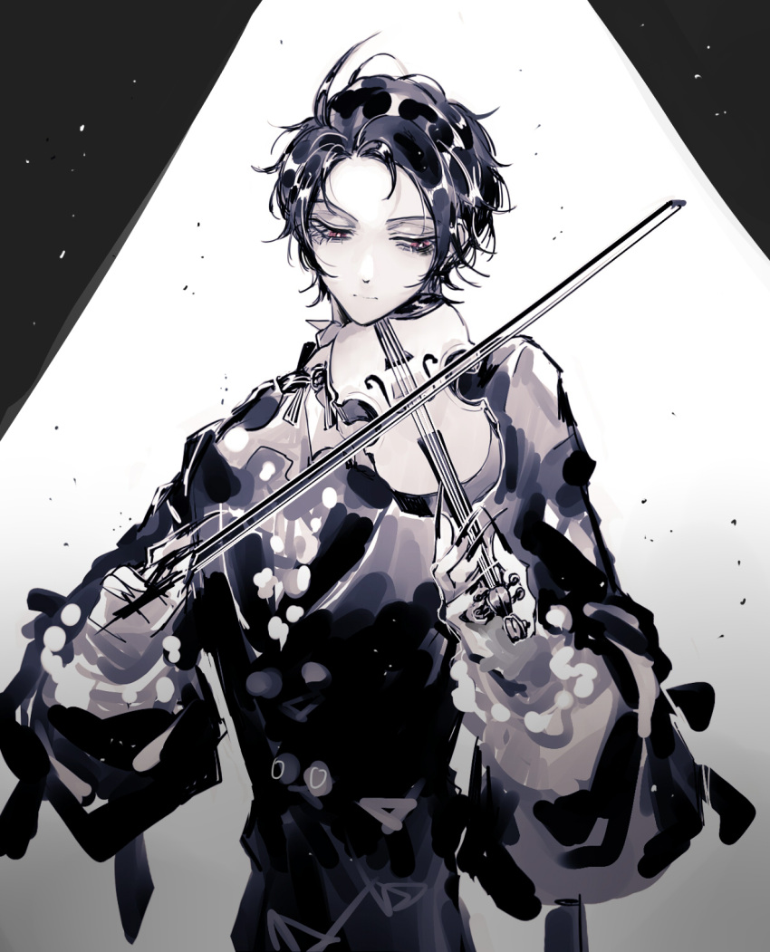 1boy bangs black_hair black_jacket closed_mouth emlyn_white highres holding holding_instrument instrument jacket jueqinunique looking_at_object lord_of_the_mysteries monochrome music nail_polish neckerchief parted_bangs playing_instrument red_eyes solo vampire violin white_neckerchief