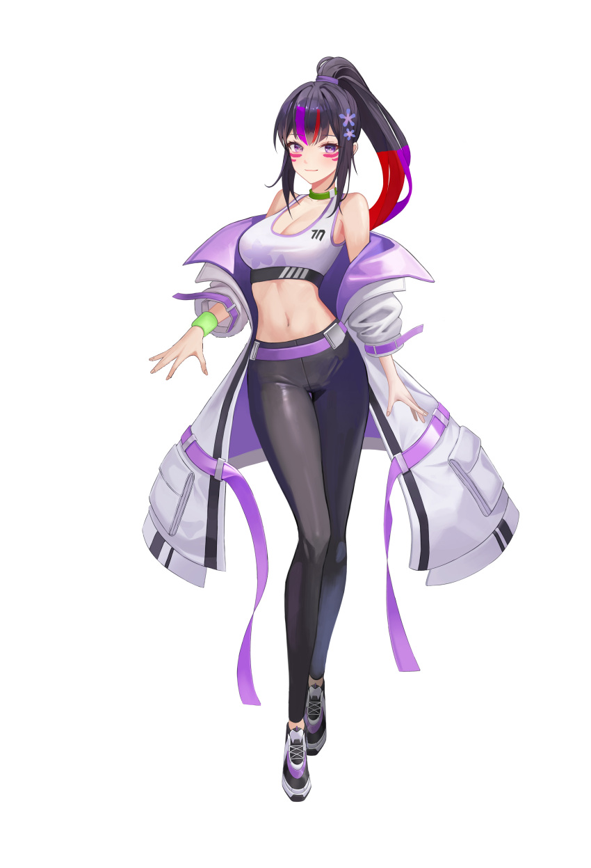 1girl absurdres aillatoste bangs bare_shoulders black_and_red_and_purple_hair black_pants choker closed_mouth coat commentary crop_top flower green_choker hair_between_eyes hair_flower hair_ornament hair_scrunchie highres kitsune_marks kunimitsu_ii kunoichi large_breasts long_hair looking_at_viewer midriff namco off_shoulder open_clothes open_coat pants ponytail purple_scrunchie scrunchie shoes sidelocks simple_background smile sneakers solo sports_bra standing sweatband tekken tekken_8 very_long_hair violet_eyes white_background white_coat white_sports_bra yoga_pants