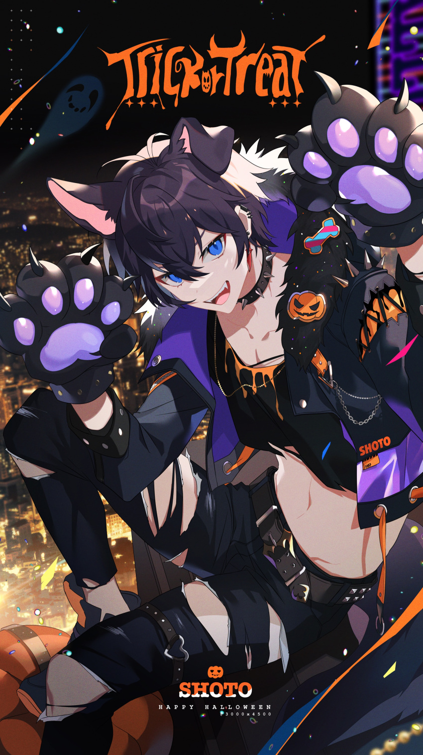 1boy 3000x4500 absurdres animal_ears animal_hands black_choker blue_eyes character_name choker dog_boy dog_ears dog_paws earrings gloves happy_halloween highres indie_virtual_youtuber jack-o'-lantern jewelry male_focus navel open_mouth pants paw_gloves shoto_(vtuber) torn_clothes torn_pants trick_or_treat virtual_youtuber
