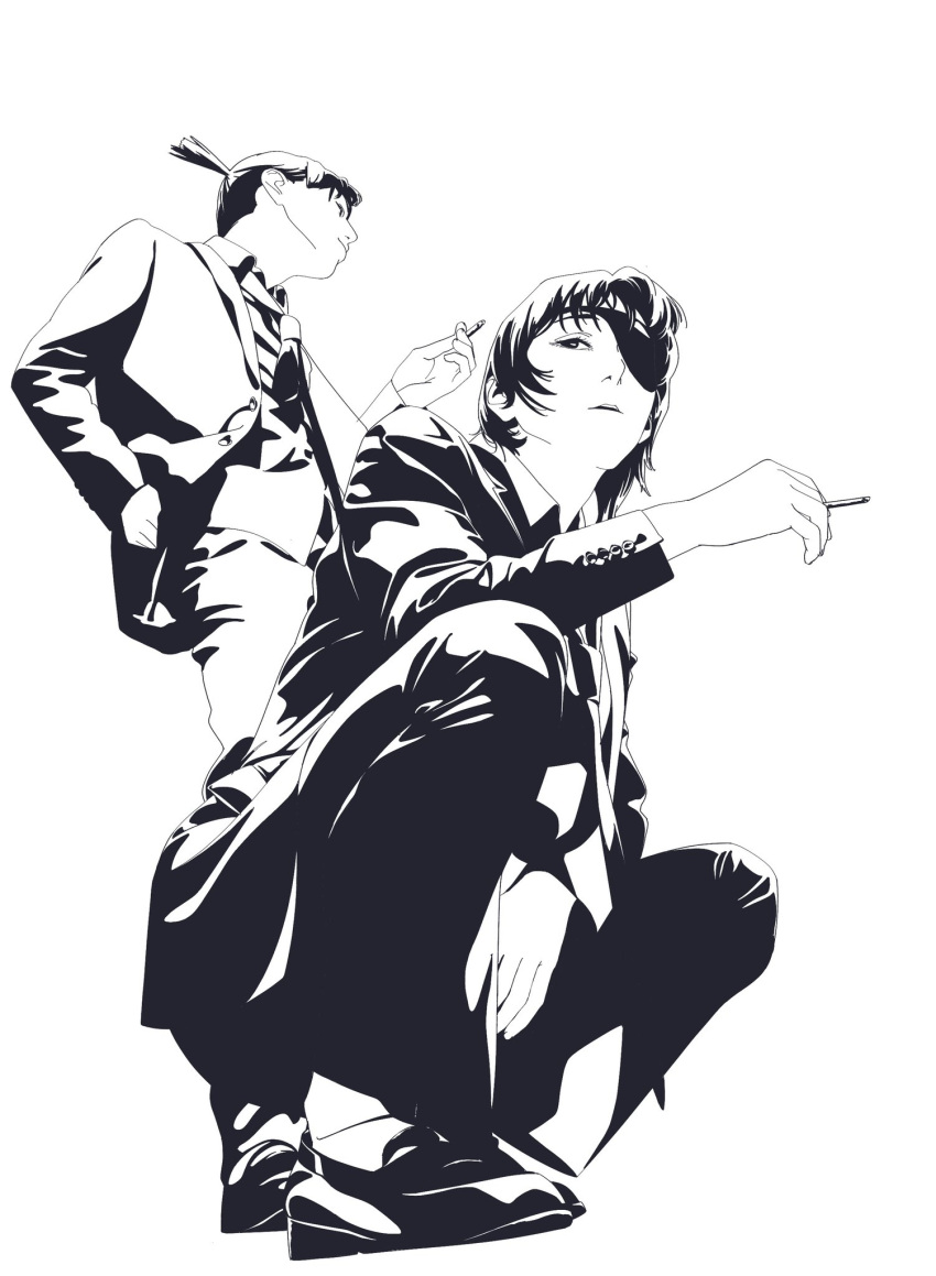 1boy 1girl bangs black_hair blazer chainsaw_man cigarette eyepatch formal greyscale hand_in_pocket hayakawa_aki highres himeno_(chainsaw_man) jacket looking_at_viewer monochrome necktie open_clothes open_jacket short_hair simple_background squatting suit topknot toubun14 white_background