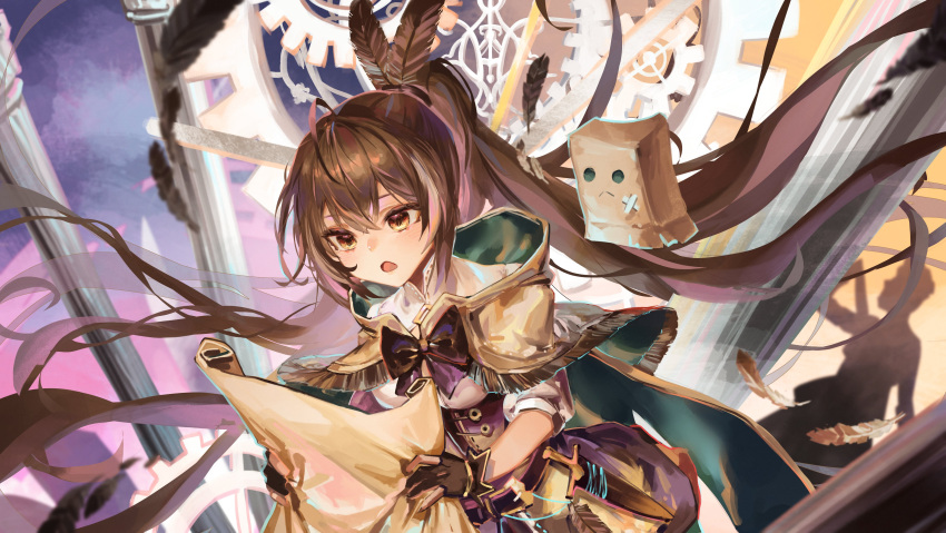 1girl :o absurdres ahoge bangs belt brown_capelet brown_cloak brown_corset brown_eyes brown_hair cape capelet cloak clouds cloudy_sky cocoballking corset dagger falling_feathers feather_hair_ornament feathers floating_hair friend_(nanashi_mumei) gears gloves hair_ornament hairclip highres hololive hololive_english knife long_hair map multicolored_hair nanashi_mumei partially_fingerless_gloves pillar ponytail ribbon shadow shirt sky streaked_hair very_long_hair virtual_youtuber weapon white_shirt