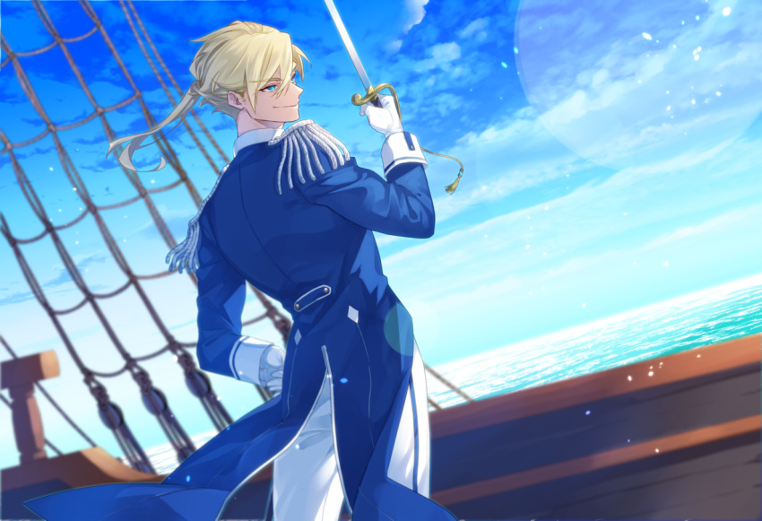 1boy blonde_hair blue_coat blue_eyes blurry blurry_background clouds coat coattails cowboy_shot crise day dutch_angle elliot_melville epaulettes from_behind gloves hair_between_eyes hand_on_hip hand_up holding holding_sword holding_weapon lens_flare looking_to_the_side male_focus ocean pants pixiv_fantasia pixiv_fantasia_age_of_starlight ponytail ship sleeve_cuffs smile solo standing sword tassel watercraft weapon white_gloves white_pants