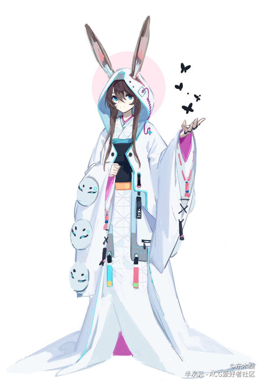 1girl absurdres alternate_costume amiya_(arknights) animal_ears arknights blue_eyes brown_hair closed_mouth copyright dong_muxing full_body hair_between_eyes hand_up highres hood hood_up hooded_kimono japanese_clothes jewelry kimono long_sleeves looking_at_viewer mask obi rabbit_ears ring sash short_hair_with_long_locks simple_background sleeves_past_wrists smile solo split_mouth white_background white_kimono wide_sleeves
