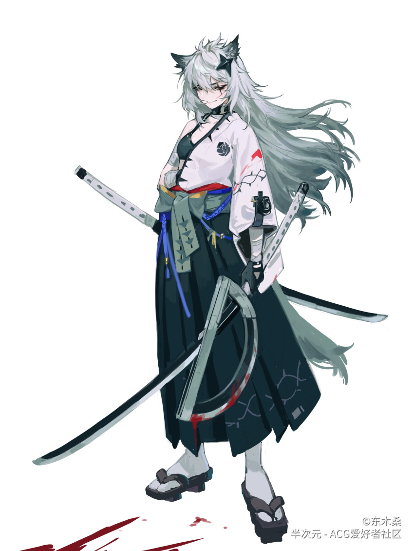 1girl absurdres alternate_costume animal_ear_fluff animal_ears arknights bandaged_arm bandages black_footwear black_gloves black_skirt blood blood_on_weapon bow closed_eyes closed_mouth copyright cuts dong_muxing floating_hair full_body geta gloves grey_bow grey_hair hair_between_eyes hair_ornament hakama hakama_skirt highres holding holding_sword holding_weapon injury japanese_clothes kimono lappland_(arknights) long_hair long_sleeves pleated_skirt scar scar_across_eye simple_background skirt smile socks solo sports_bra star_(symbol) star_hair_ornament sword tail waist_bow weapon white_background white_kimono white_socks wolf_ears wolf_tail