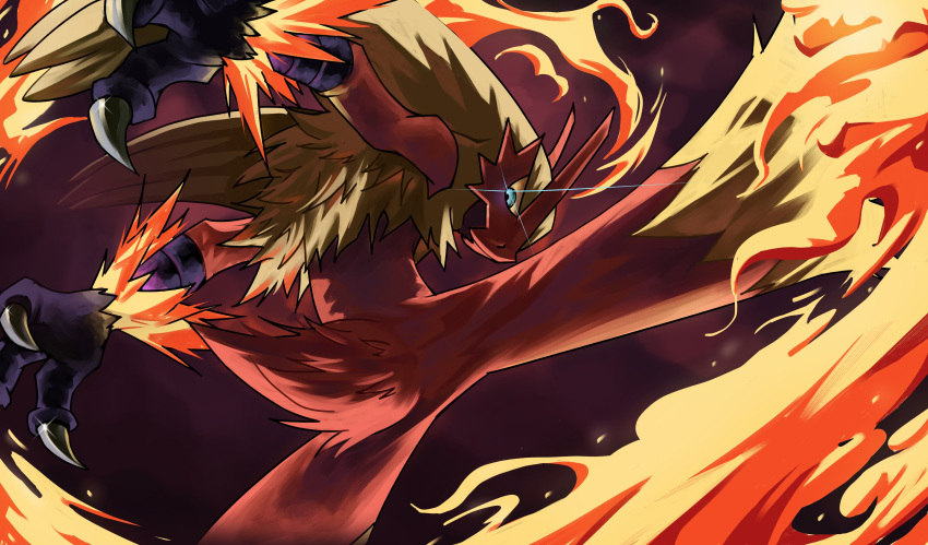 absurdres blaziken blue_eyes claws colored_sclera commentary echo_saber eye_trail fire highres light_trail looking_down no_humans pokemon pokemon_(creature) red_fur solo yellow_sclera