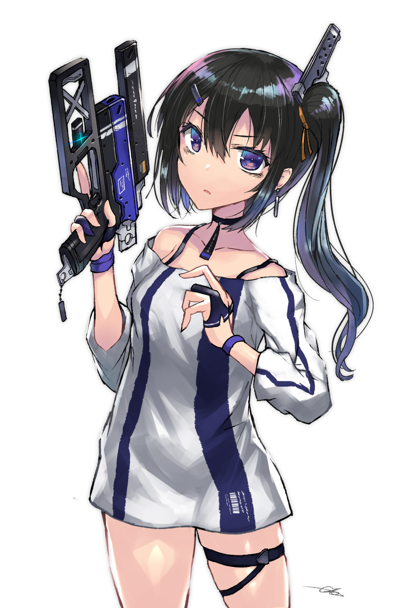 1girl bangs bare_shoulders black_choker black_hair bridal_gauntlets choker earrings gia gloves gun hair_ornament half_gloves highres holding holding_gun holding_weapon jewelry long_hair looking_at_viewer original side_ponytail solo thigh_strap trigger_discipline violet_eyes weapon white_background wristband