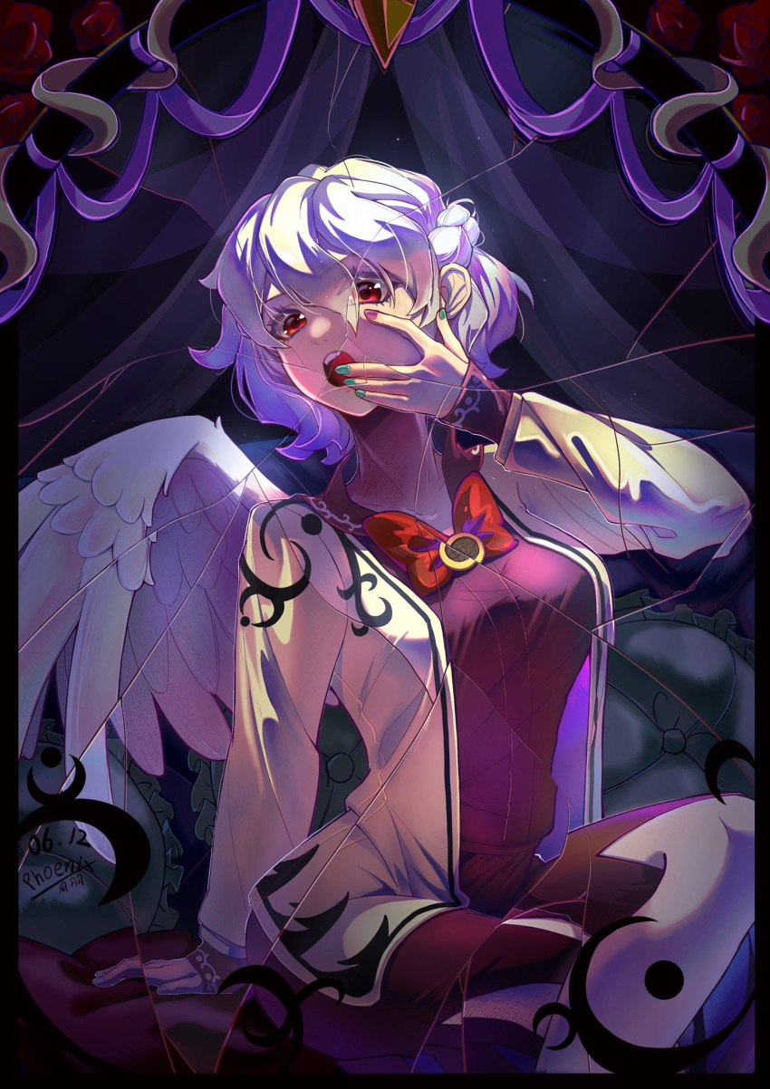 1girl bird_wings bow bowtie braid brown_jacket collared_shirt commentary_request feathered_wings fingernails french_braid green_nails grey_hair grey_wings hand_on_own_face highres jacket kishin_sagume long_sleeves mirror nail_polish open_mouth phoenixfengyv purple_nails purple_shirt purple_skirt red_bow red_bowtie red_eyes reflection shiny shiny_hair shirt short_hair single_wing skirt solo touhou upper_body wings