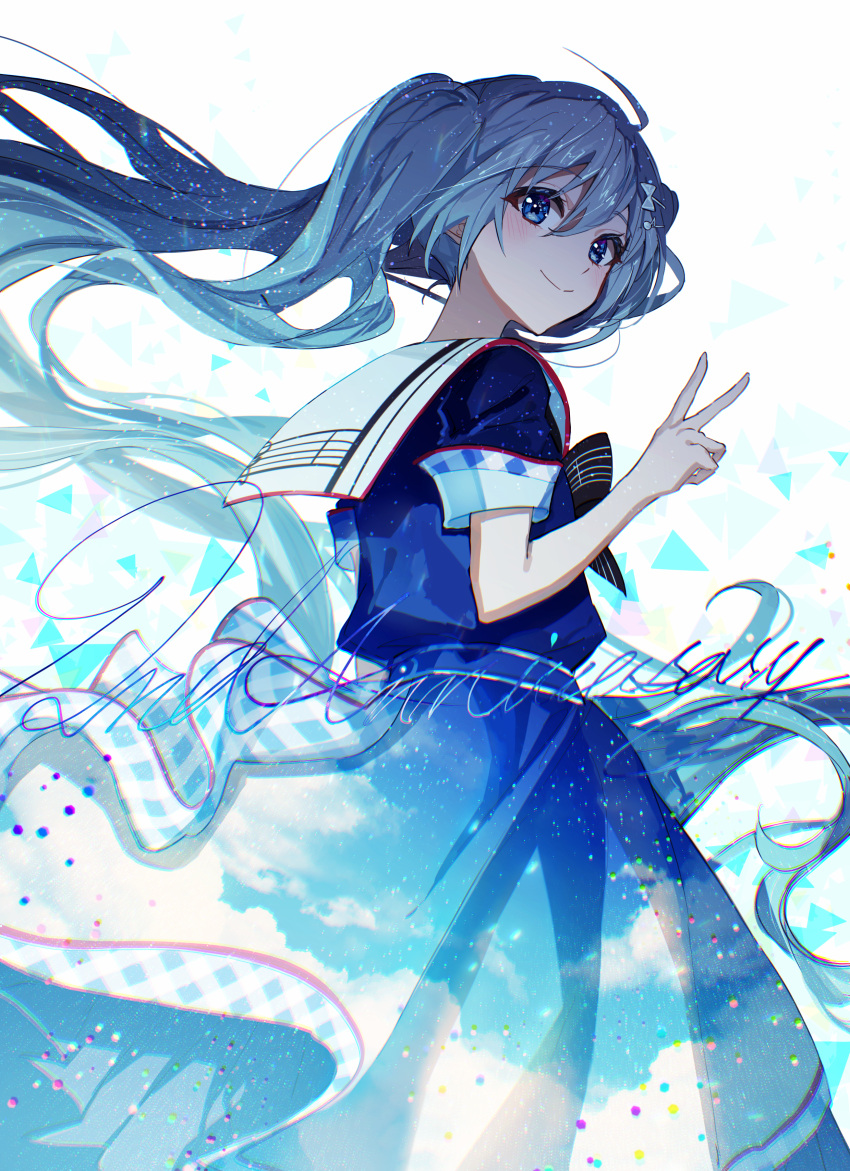 absurdres bangs blue_dress blue_eyes blue_hair blue_sky blush clouds cloudy_sky cursive dress feet_out_of_frame hair_ornament hairpin hatsune_miku highres kika long_hair looking_at_viewer print_dress project_sekai sailor_collar shards short_sleeves sky smile standing twintails v vocaloid white_background white_sailor_collar