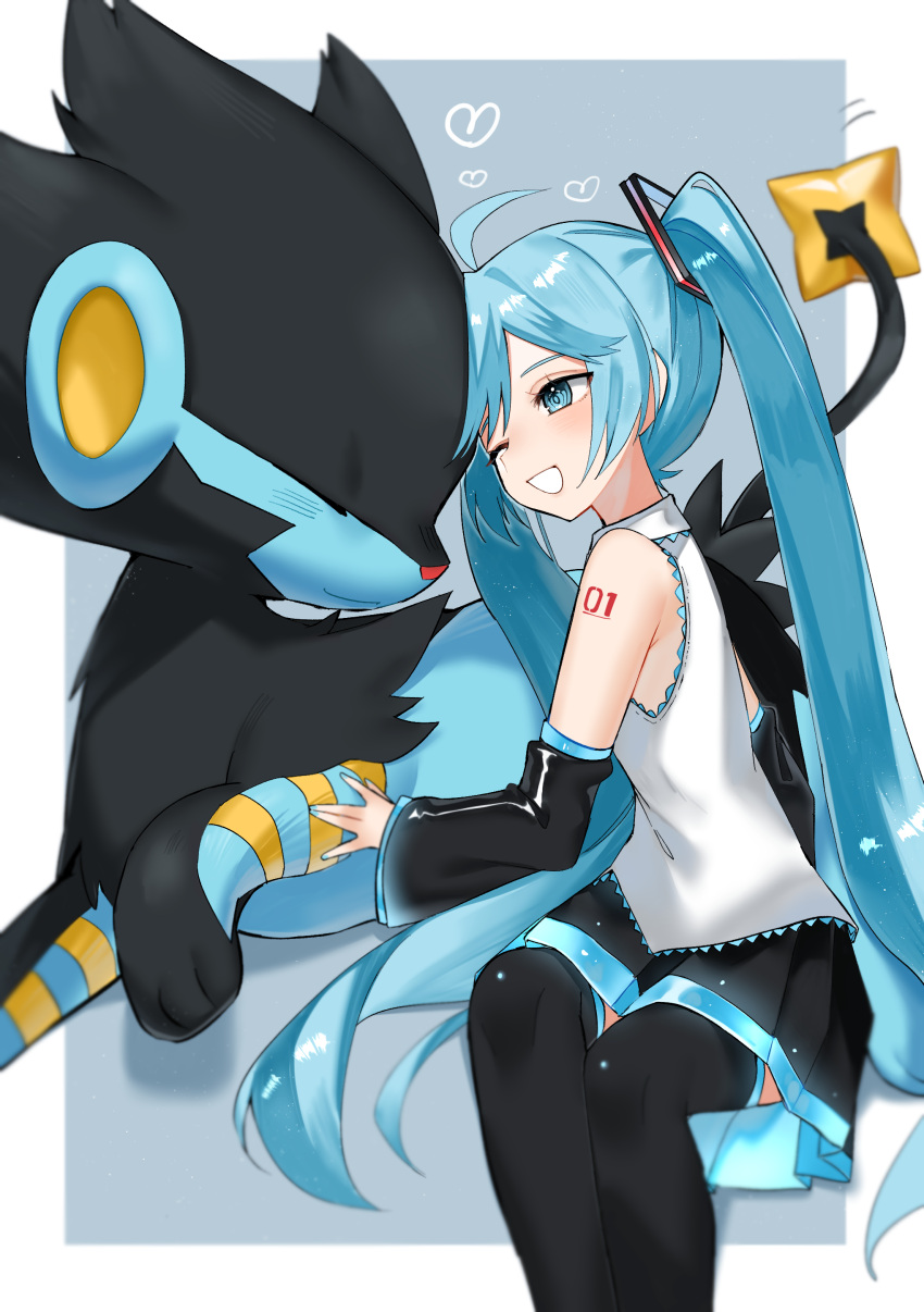 1girl absurdres ahoge arm_tattoo bangs bare_shoulders black_skirt black_thighhighs blue_eyes blue_hair border commentary crossover detached_sleeves eyelashes grey_background grin hatsune_miku heart highres long_hair luxray one_eye_closed pleated_skirt pokemon pokemon_(creature) reirou_(chokoonnpu) shirt skirt sleeveless sleeveless_shirt smile symbol-only_commentary tattoo thigh-highs twintails vocaloid white_border