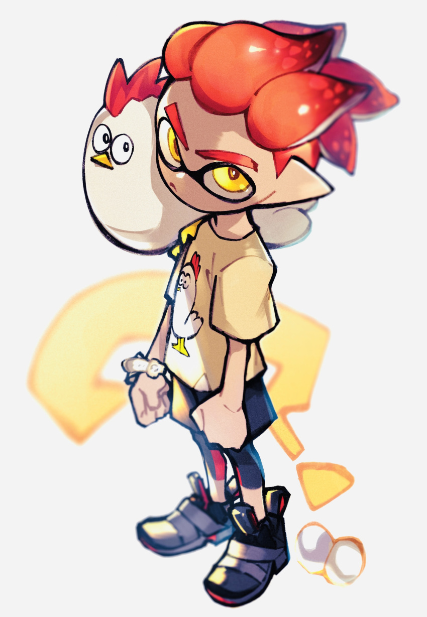 1boy ? absurdres animal animal_on_shoulder bird bird_on_shoulder black_footwear black_shorts chicken clenched_hands closed_mouth egg frown highres inari1369 inkling inkling_boy leggings leggings_under_shorts pointy_ears redhead shirt shoes short_hair short_sleeves shorts simple_background splatoon_(series) splatoon_2 standing t-shirt tentacle_hair white_background yellow_eyes yellow_shirt