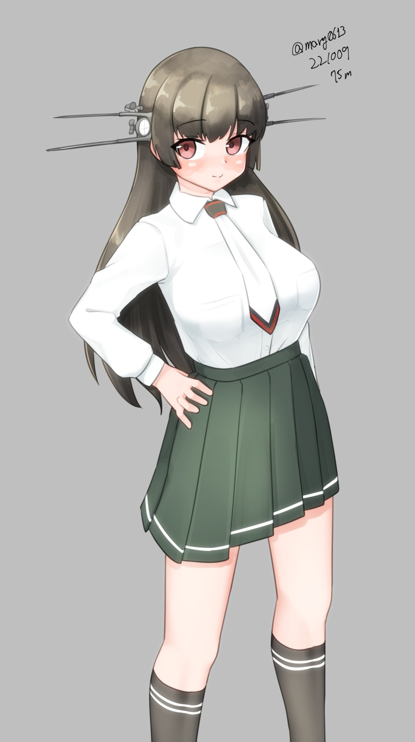 1girl absurdres alternate_costume black_hair black_socks breasts choukai_(kancolle) closed_mouth dated feet_out_of_frame green_skirt hand_on_hip headgear highres kantai_collection large_breasts long_hair long_sleeves maru_(marg0613) necktie no_eyewear one-hour_drawing_challenge pleated_skirt red_eyes rimless_eyewear shirt skirt smile socks solo twitter_username very_long_hair white_necktie white_shirt