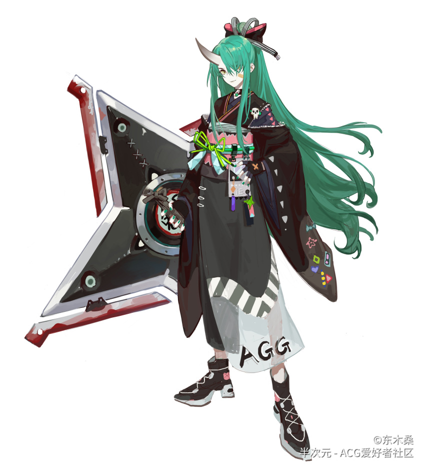 1girl absurdres alternate_costume arknights bandaid bandaid_on_face black_bow black_choker black_footwear black_gloves black_kimono blood blood_on_weapon bow choker closed_mouth copyright dong_muxing expressionless fingerless_gloves fingernails full_body gloves green_eyes green_nails green_ribbon hair_bow hair_over_one_eye hand_on_hip highres holding holding_shield horns hoshiguma_(arknights) japanese_clothes kimono long_hair long_sleeves looking_at_viewer nail_polish obi oni oni_horns pony ribbon sash shield shoes sidelocks simple_background single_horn solo very_long_hair weapon white_background wide_sleeves