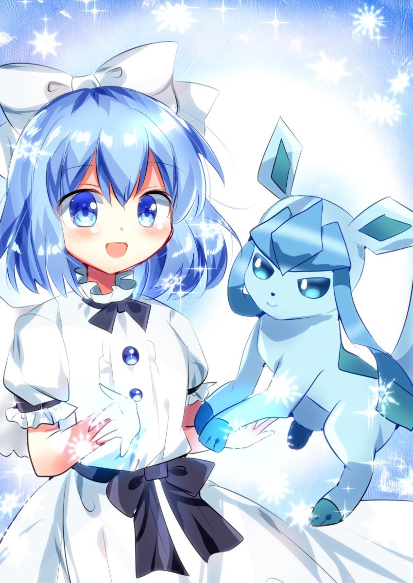 1girl :d absurdres bangs blue_eyes blue_hair bow dress glaceon hair_bow highres looking_at_viewer mai_(touhou) open_mouth ougi_maimai pokemon pokemon_(creature) short_hair short_sleeves smile snowflakes touhou touhou_(pc-98) white_bow white_dress