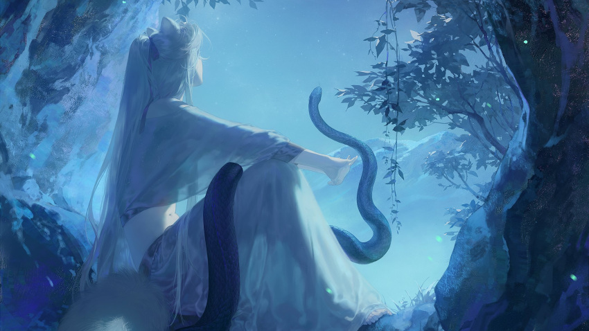1boy animal animal_ears bare_shoulders barefoot blue_theme cave cropped facing_away fireflies fox_boy fox_ears fox_tail from_side highres long_hair long_sleeves male_focus midriff mountainous_horizon nature night night_sky off_shoulder original outstretched_arms plant ponytail road robe see-through_silhouette sitting sky snake stretching tail tree vines white_hair wide_sleeves zzzi_gn