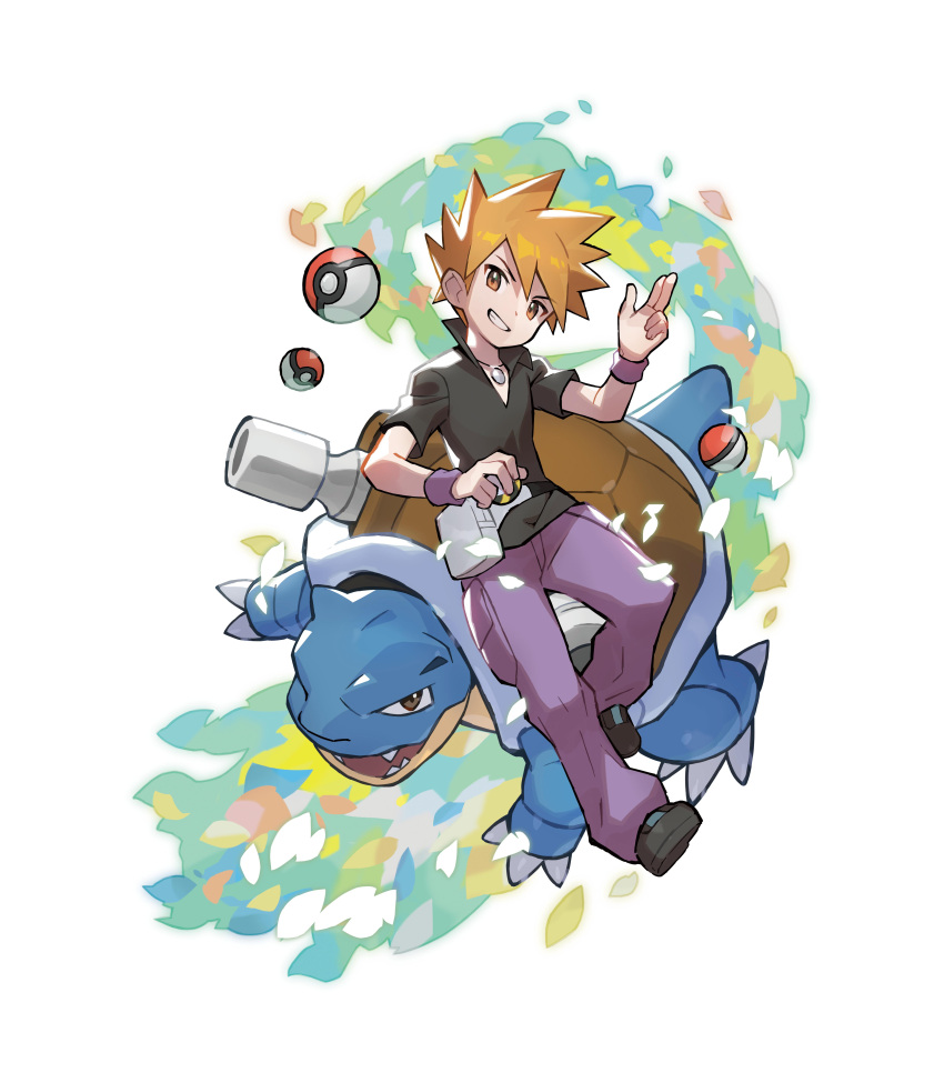 1boy absurdres black_footwear black_shirt blastoise blue_oak brown_eyes brown_hair collared_shirt commentary fanny_pack grey_bag grin highres holding holding_poke_ball jewelry male_focus necklace official_art pants poke_ball poke_ball_(basic) pokemon pokemon_(creature) pokemon_(game) pokemon_frlg purple_pants shirt shoes short_hair smile spiky_hair symbol-only_commentary teeth ultra_ball wristband