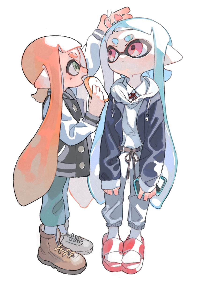 2girls aqua_hair aspara bangs blunt_bangs boots closed_mouth eating green_eyes hand_on_another's_head highres holding inkling inkling_girl jacket long_hair multiple_girls on_head open_mouth orange_hair pants pointy_ears red_eyes sandals shirt shoes shrimp simple_background socks splatoon_(series) squid tentacle_hair white_background white_shirt