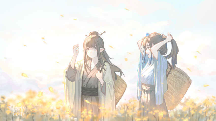2girls absurdres adjusting_hair arms_up basket black_eyes black_hair chinese_clothes closed_mouth flower hair_bun highres hua_ming_wink long_hair multiple_girls open_mouth original outdoors pointy_ears robe skirt wide_sleeves yellow_flower