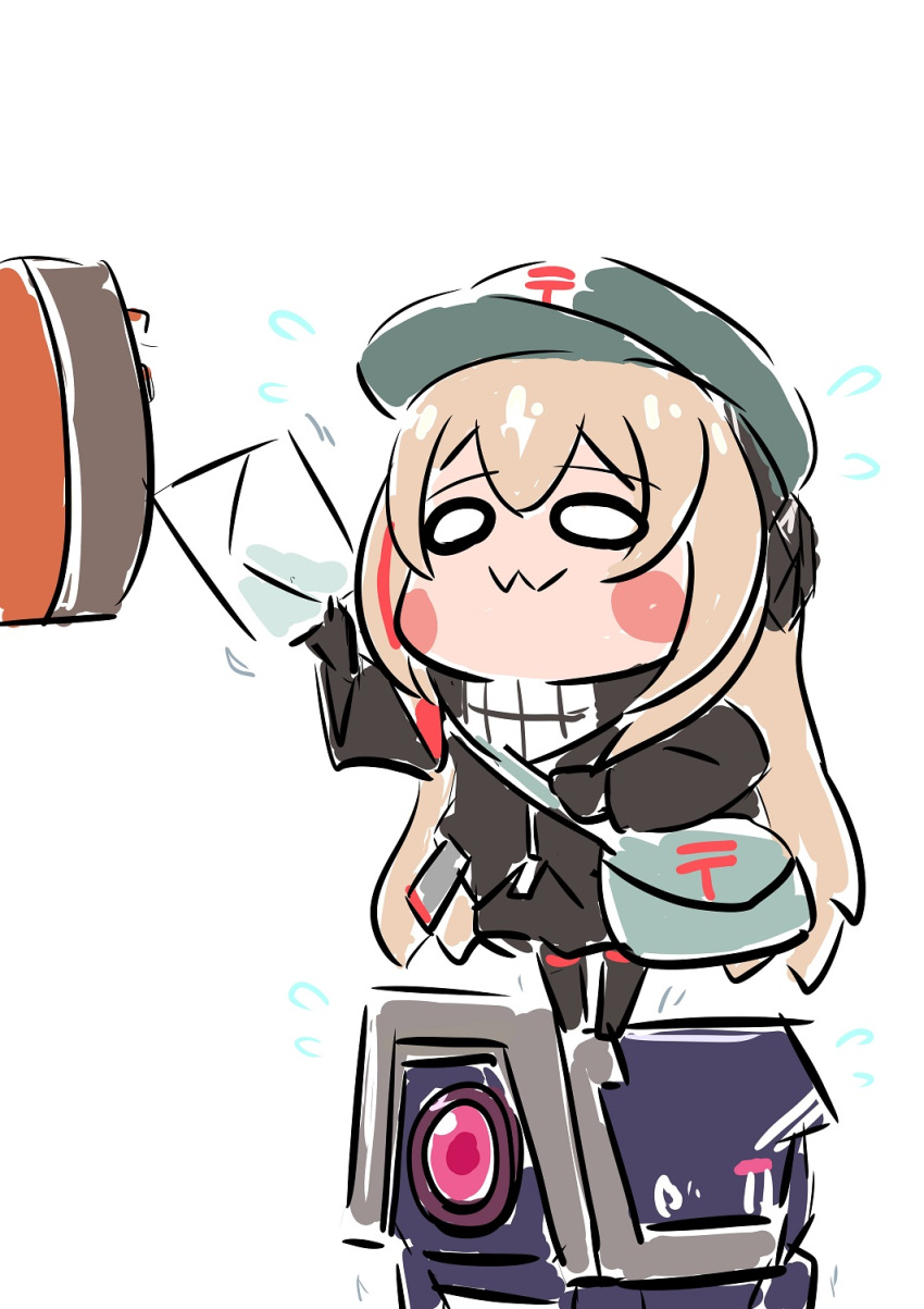 1girl :3 arm_up bangs black_jacket blonde_hair blush_stickers chibi chika_(keiin) commentary_request dinergate_(girls'_frontline) girls_frontline gloves hair_between_eyes hat headgear highres holding holding_letter jacket letter long_hair long_sleeves looking_ahead m4_sopmod_ii_jr mailbag mailbox_(incoming_mail) multicolored_hair non-humanoid_robot redhead robot simple_background smile streaked_hair trembling white_background