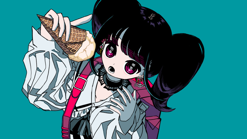 1girl absurdres aqua_background arm_up backpack bag bangs black_choker black_hair black_neckerchief choker collared_shirt earrings food highres holding holding_ice_cream ice_cream ice_cream_cone jewelry jirai_kei long_hair long_sleeves looking_at_viewer neckerchief neruzou open_mouth original pink_bag pink_eyes puffy_long_sleeves puffy_sleeves shirt sidelocks simple_background solo twintails upper_body white_shirt