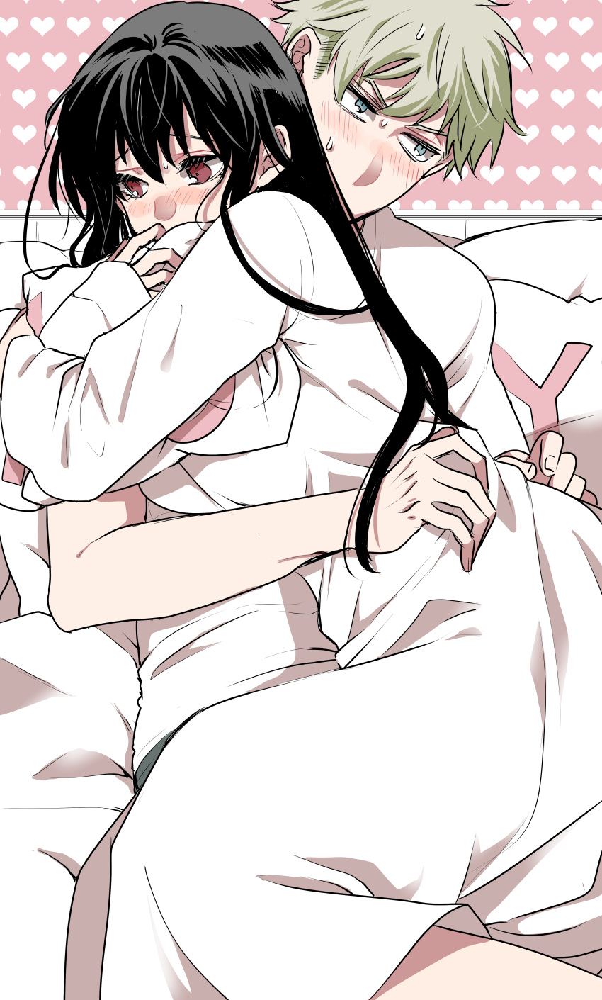 1boy 1girl absurdres black_hair blonde_hair blue_eyes heart heart_background highres hug husband_and_wife ichino_(ame0211) long_hair long_sleeves object_hug pajamas pants pillow pillow_hug pink_background red_eyes shirt short_sleeves spy_x_family t-shirt twilight_(spy_x_family) white_shirt yor_briar