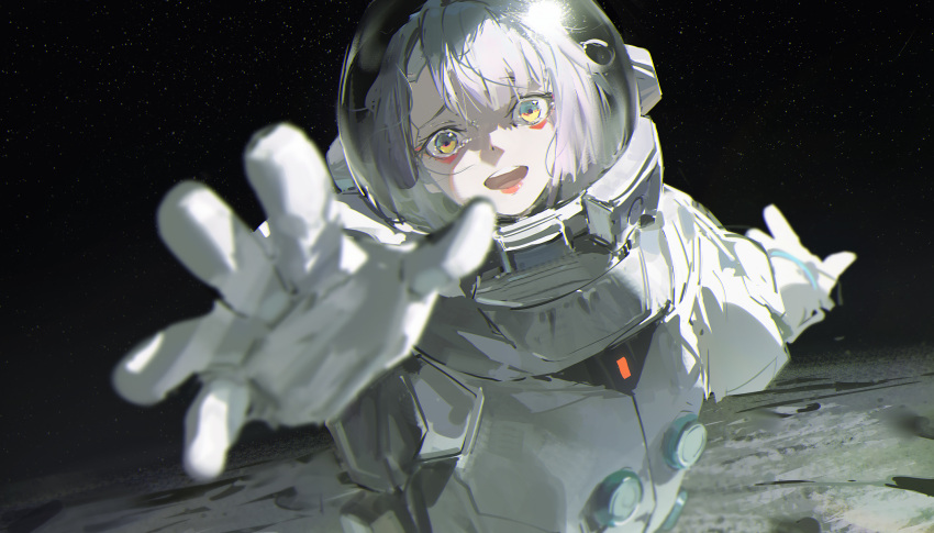 1girl astronaut bangs cyberpunk_(series) cyberpunk_edgerunners cyborg dino_(dinoartforame) helmet highres looking_at_viewer lucy_(cyberpunk) makeup moon multicolored_eyes open_mouth parted_bangs red_eyeliner red_lips short_hair solo space space_helmet spacesuit white_hair