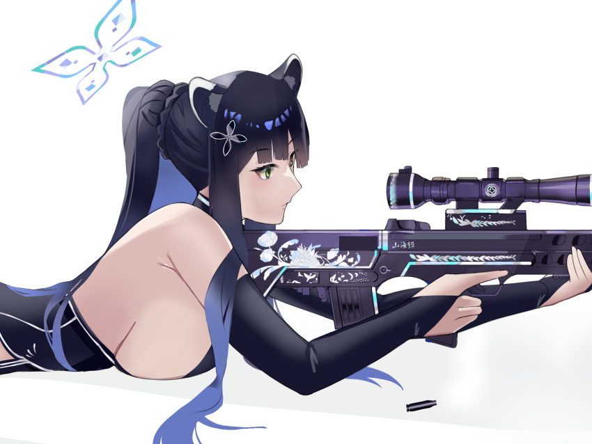 1girl animal_ear_fluff animal_ears bangs black_dress black_hair blue_archive breast_press breasts bridal_gauntlets china_dress chinese_clothes closed_mouth dress expressionless floral_print green_eyes gun halo highres holding holding_weapon huge_breasts long_hair looking_through_scope nana24 ponytail qbu-88 rifle shun_(blue_archive) sideboob sidelocks solo tiger_ears upper_body weapon white_background