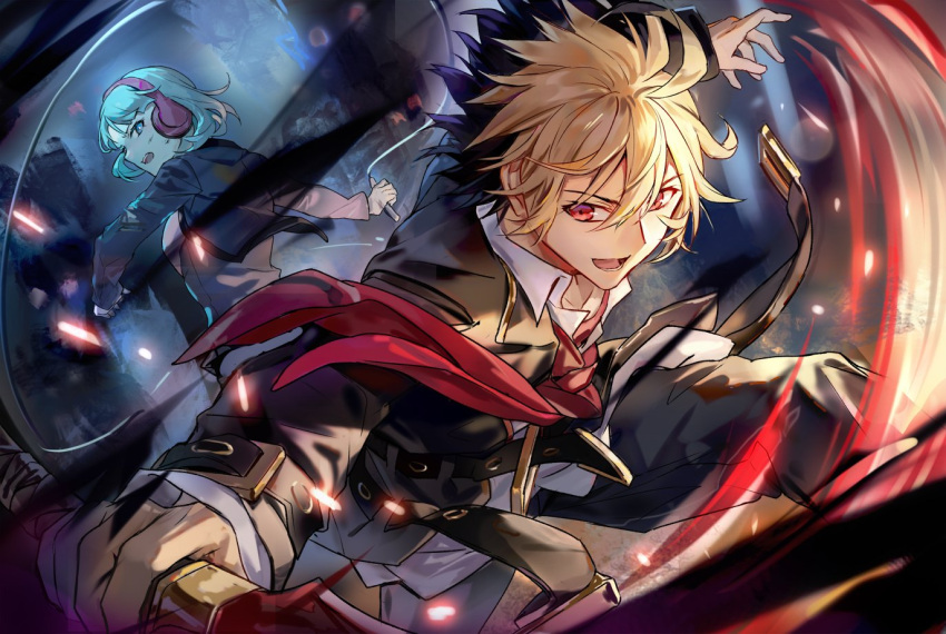 1boy 1girl belt black_hair blonde_hair dress green_eyes green_hair headphones holding holding_sword holding_weapon holding_whip hyde_(under_night_in-birth) katana looking_back multicolored_hair necktie open_mouth phonon_(under_night_in-birth) qitoli red_eyes red_necktie school_uniform short_hair spiky_hair sword under_night_in-birth_exe:late[st] weapon